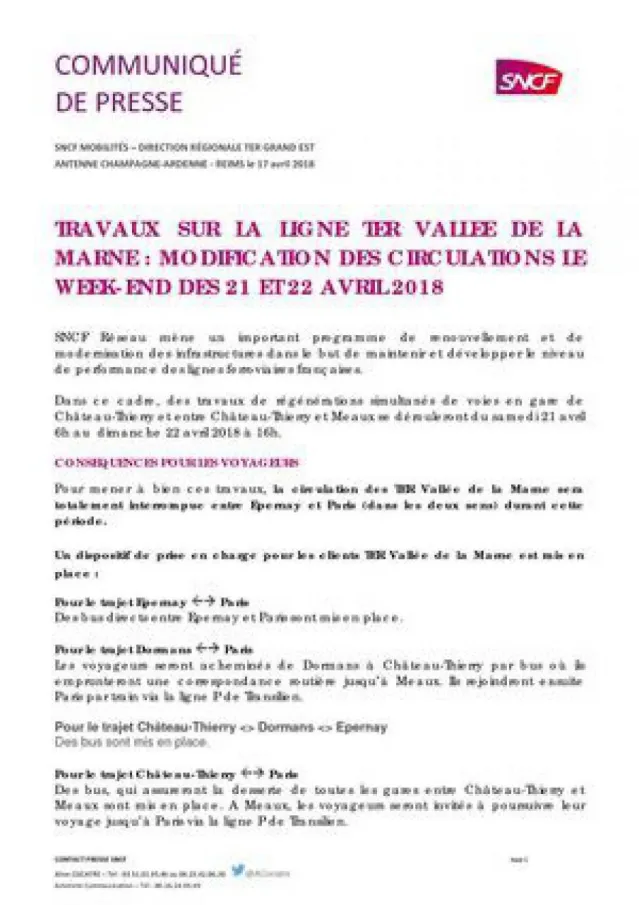 Communiqué De Presse Sncf Modification De La Circulation Des Trains Du 21 Au 22 Avril