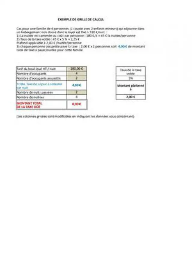 Exemple Grille De Calcul - Taxe de Séjour