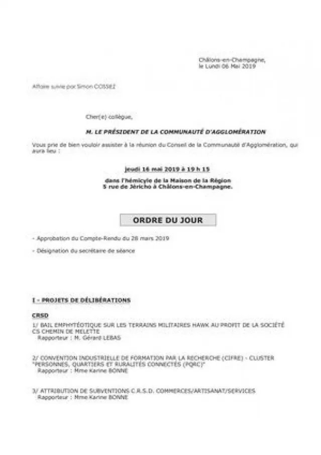 Ordre Du Jour Conseil Communautaire 16 05 2019