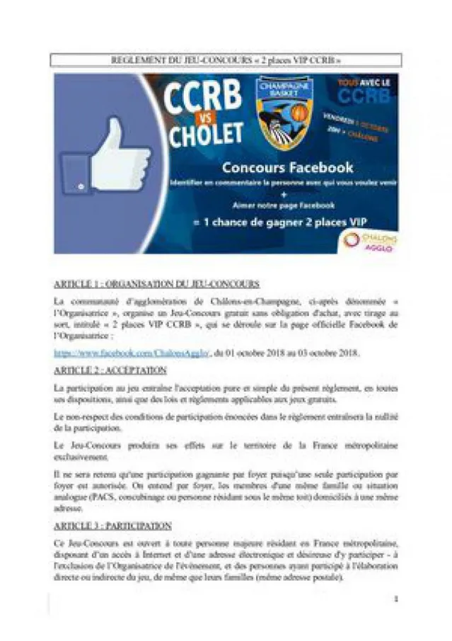 Règlement Jeux Concours places VIP CCRB